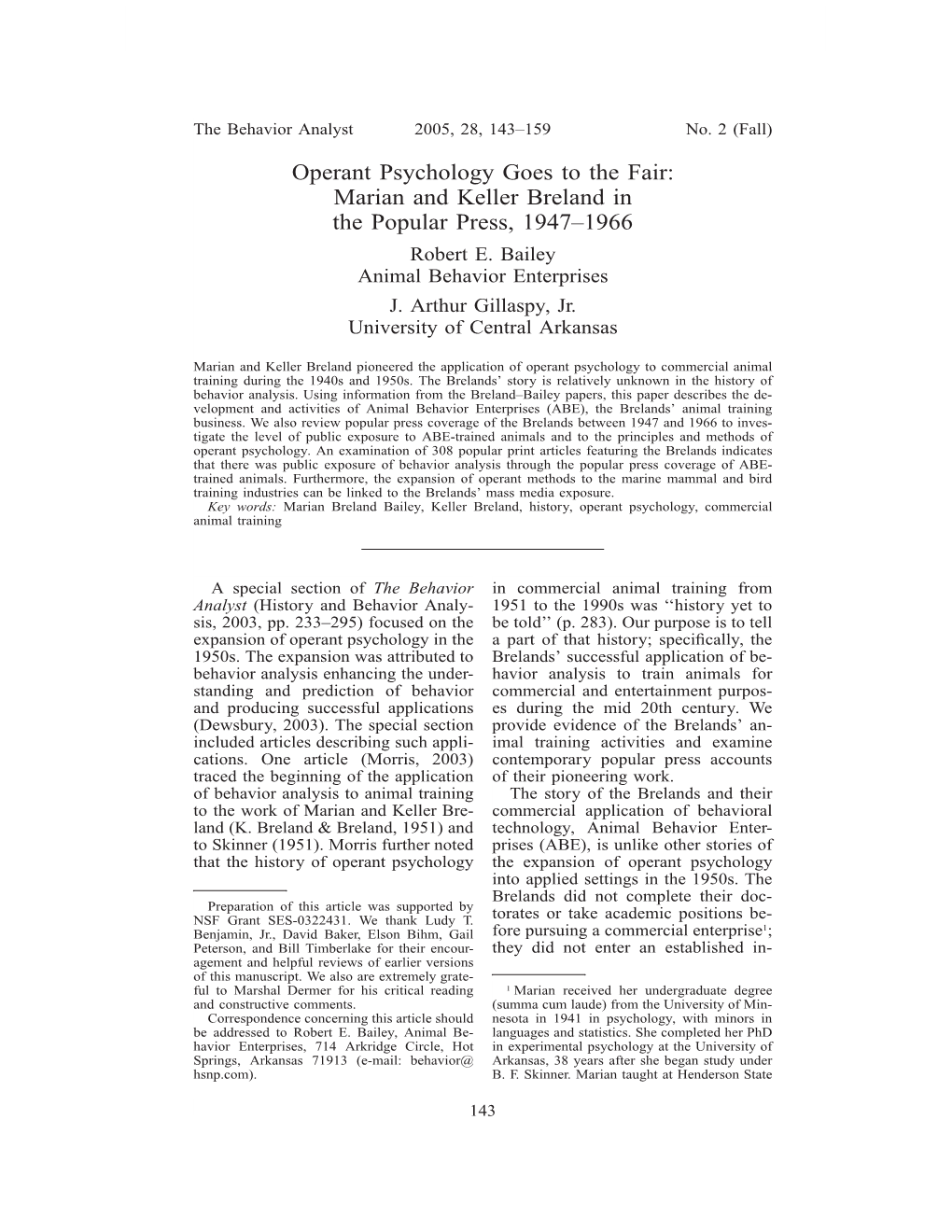 Operant Psychology Goes to the Fair: Marian and Keller Breland in the Popular Press, 1947±1966 Robert E