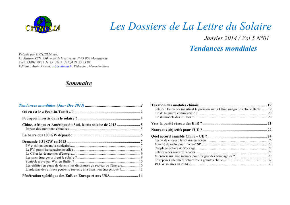 Les Dossiers De La Lettre Du Solaire Janvier 2014 / Vol 5 N°01