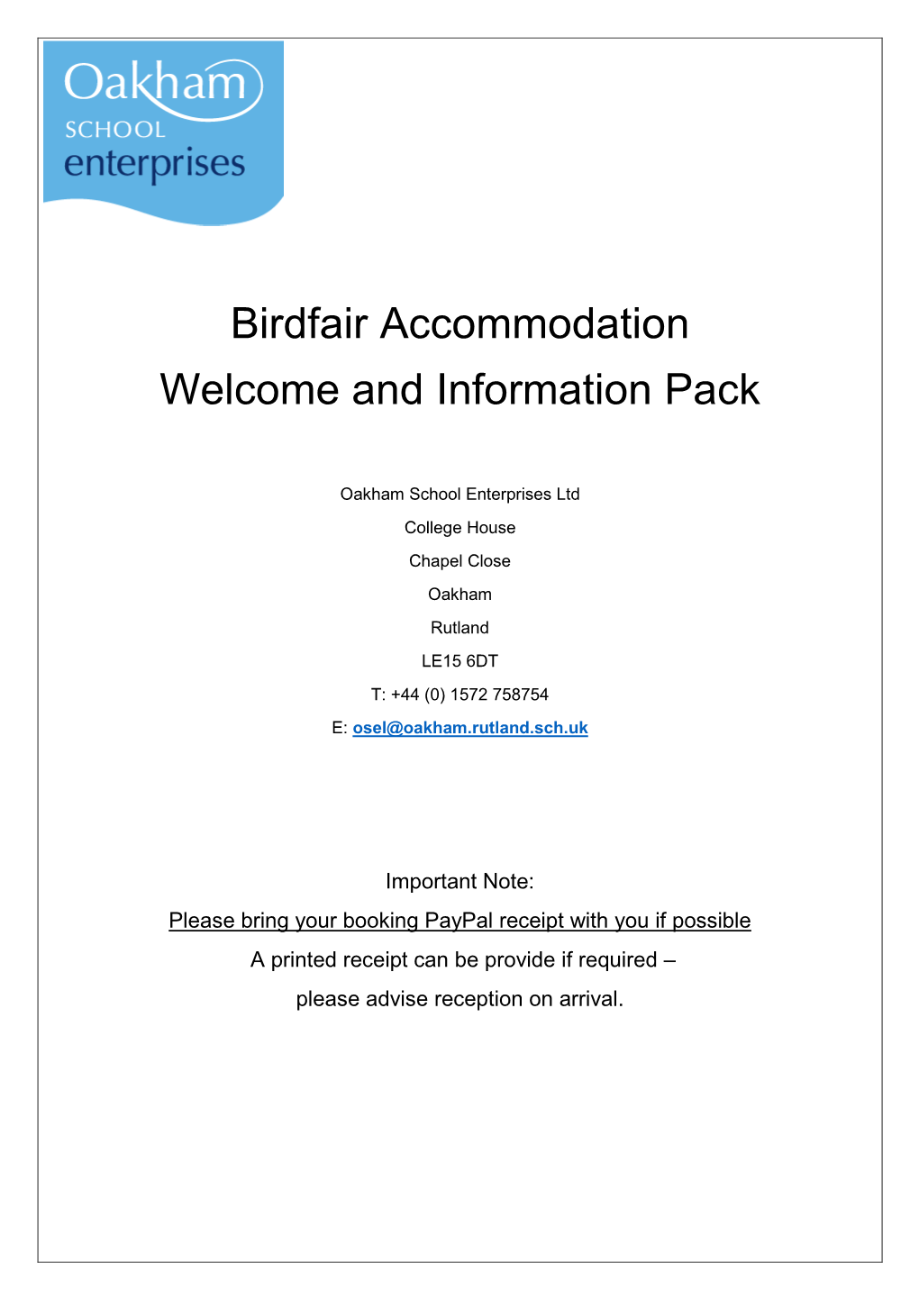 Birdfair Accommodation Welcome and Information Pack