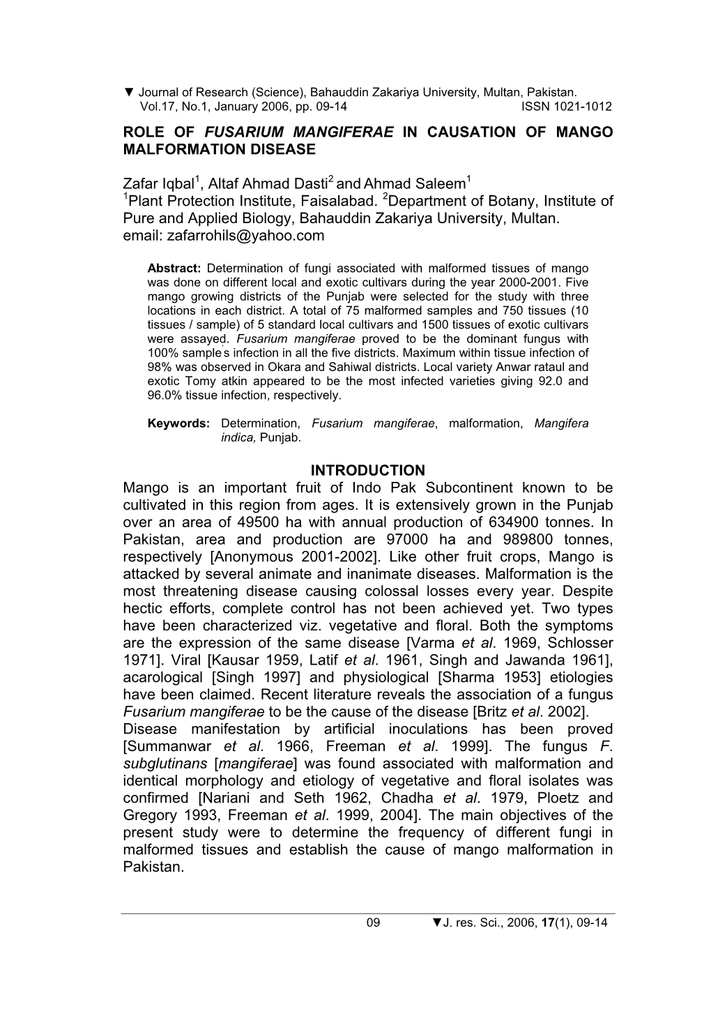 Role of Fusarium Mangiferae in Causation of Mango Malformation Disease