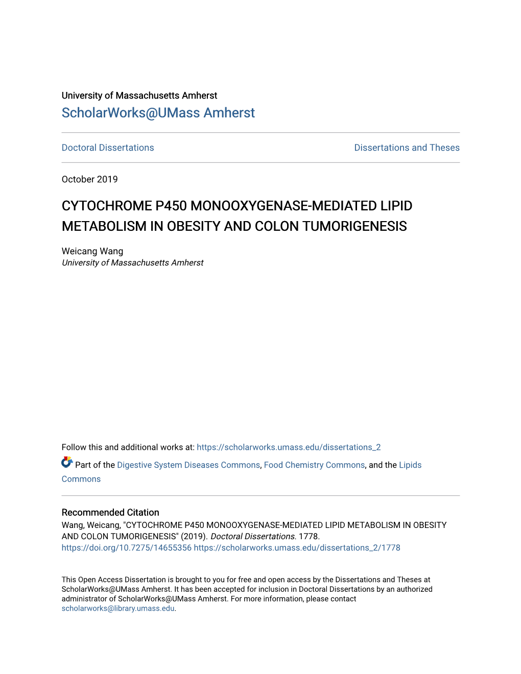 Cytochrome P450 Monooxygenase-Mediated Lipid Metabolism in Obesity and Colon Tumorigenesis