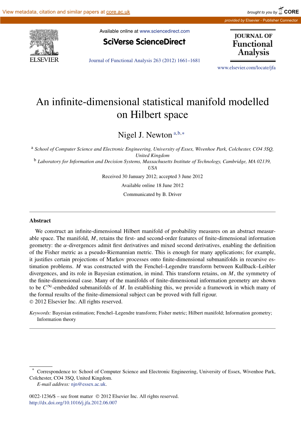 An Infinite-Dimensional Statistical Manifold Modelled on Hilbert Space