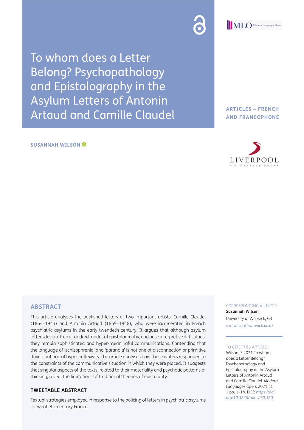 Psychopathology and Epistolography in the Asylum Letters of Antonin Artaud and Camille Claudel