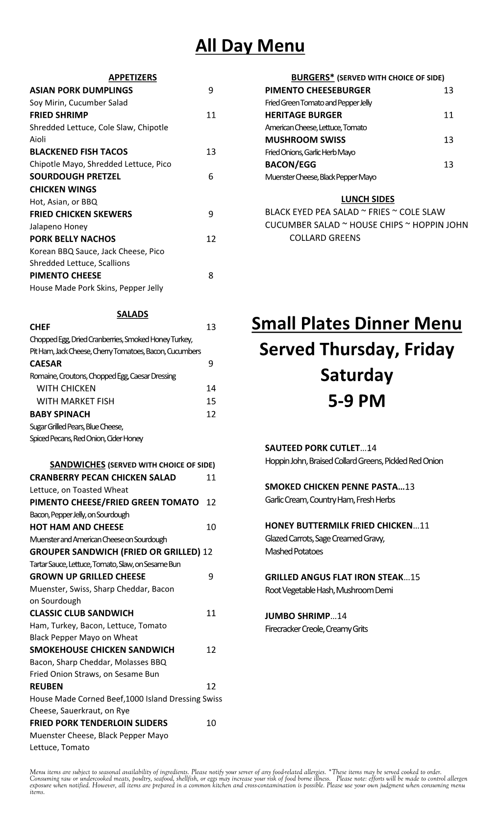 Small Plates Dinner Menu Served Thursday, Friday Saturday 5-9 PM