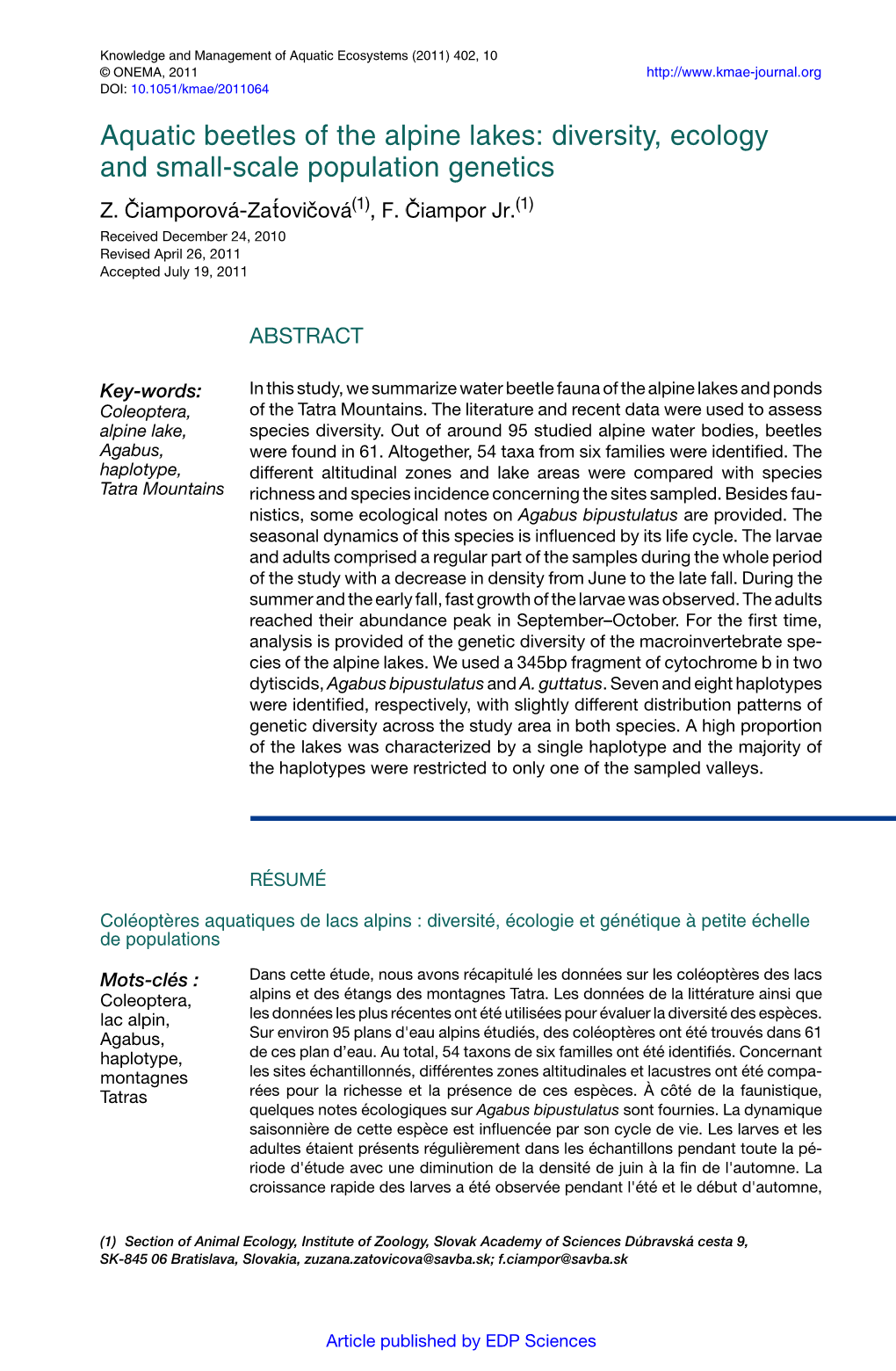 Aquatic Beetles of the Alpine Lakes: Diversity, Ecology  and Small-Scale Population Genetics Z