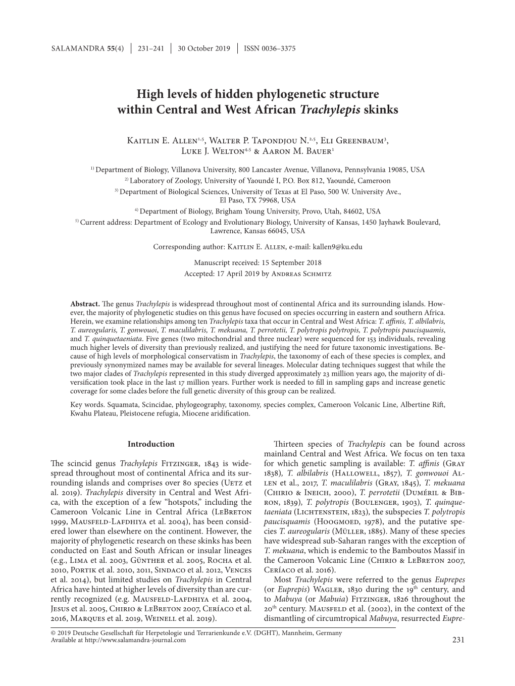 High Levels of Hidden Phylogenetic Structure Within Central and West African Trachylepis Skinks