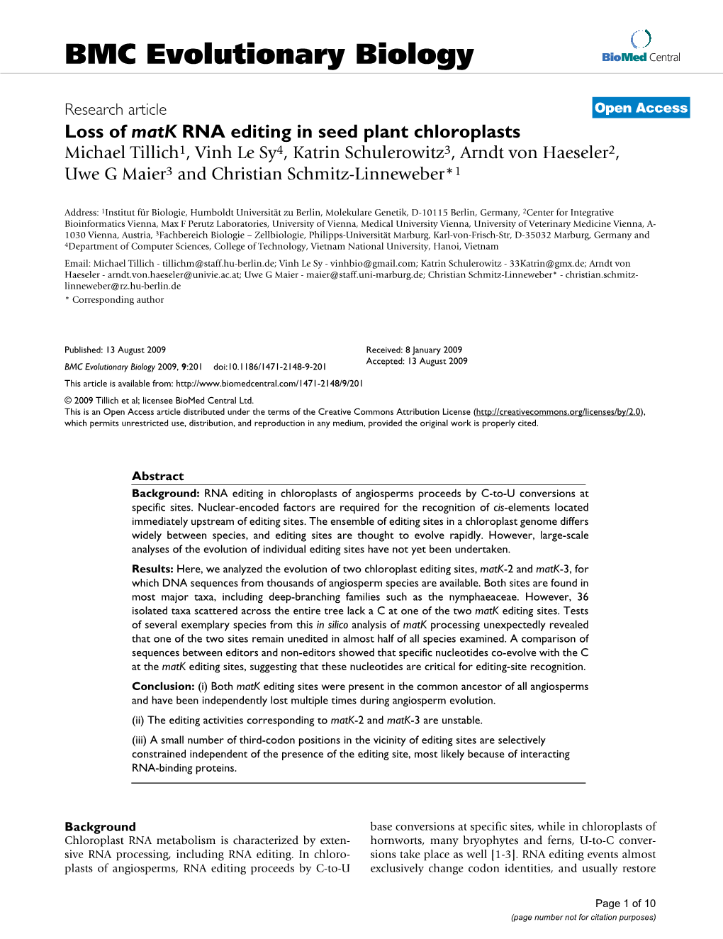 Loss of Matk RNA Editing in Seed Plant Chloroplasts