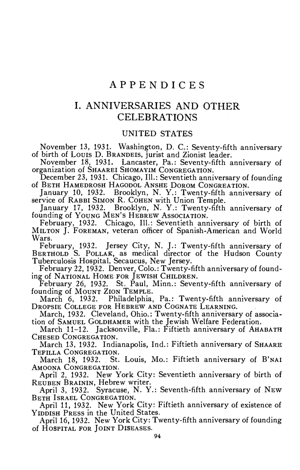 APPENDICES I. ANNIVERSARIES and OTHER CELEBRATIONS UNITED STATES November 13, 1931