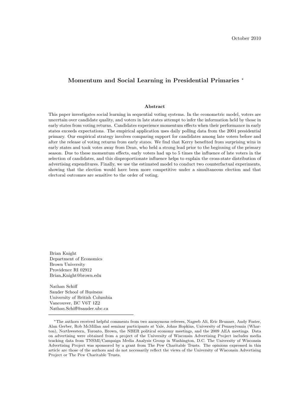 Momentum and Social Learning in Presidential Primaries ∗