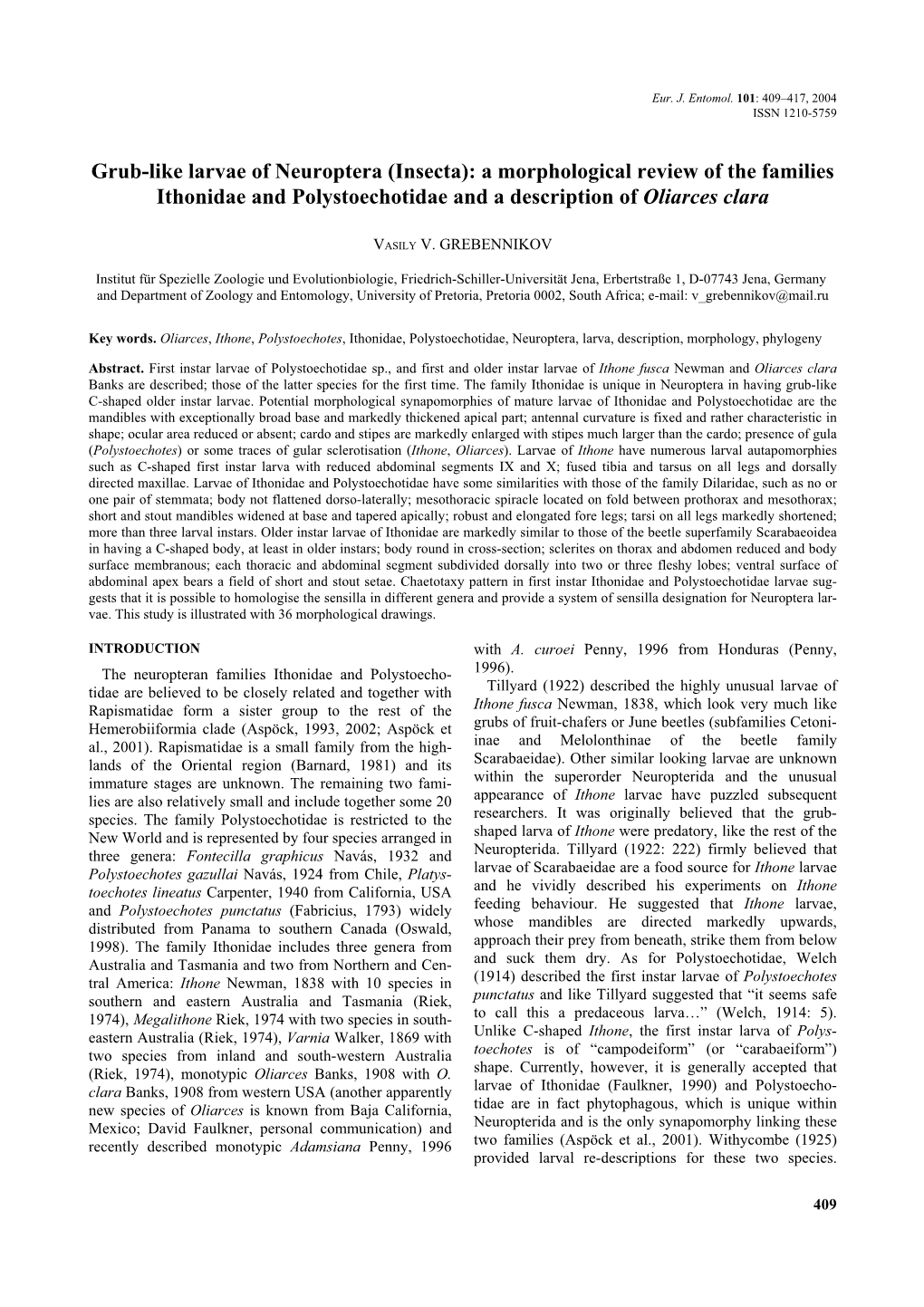 Grub-Like Larvae of Neuroptera (Insecta): a Morphological Review of the Families Ithonidae and Polystoechotidae and a Description of Oliarces Clara