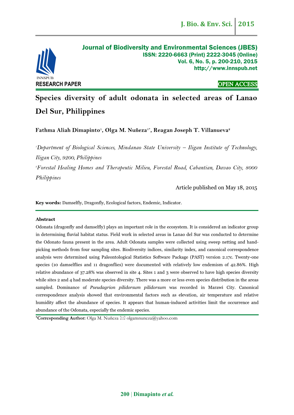 Species Diversity of Adult Odonata in Selected Areas of Lanao Del Sur, Philippines