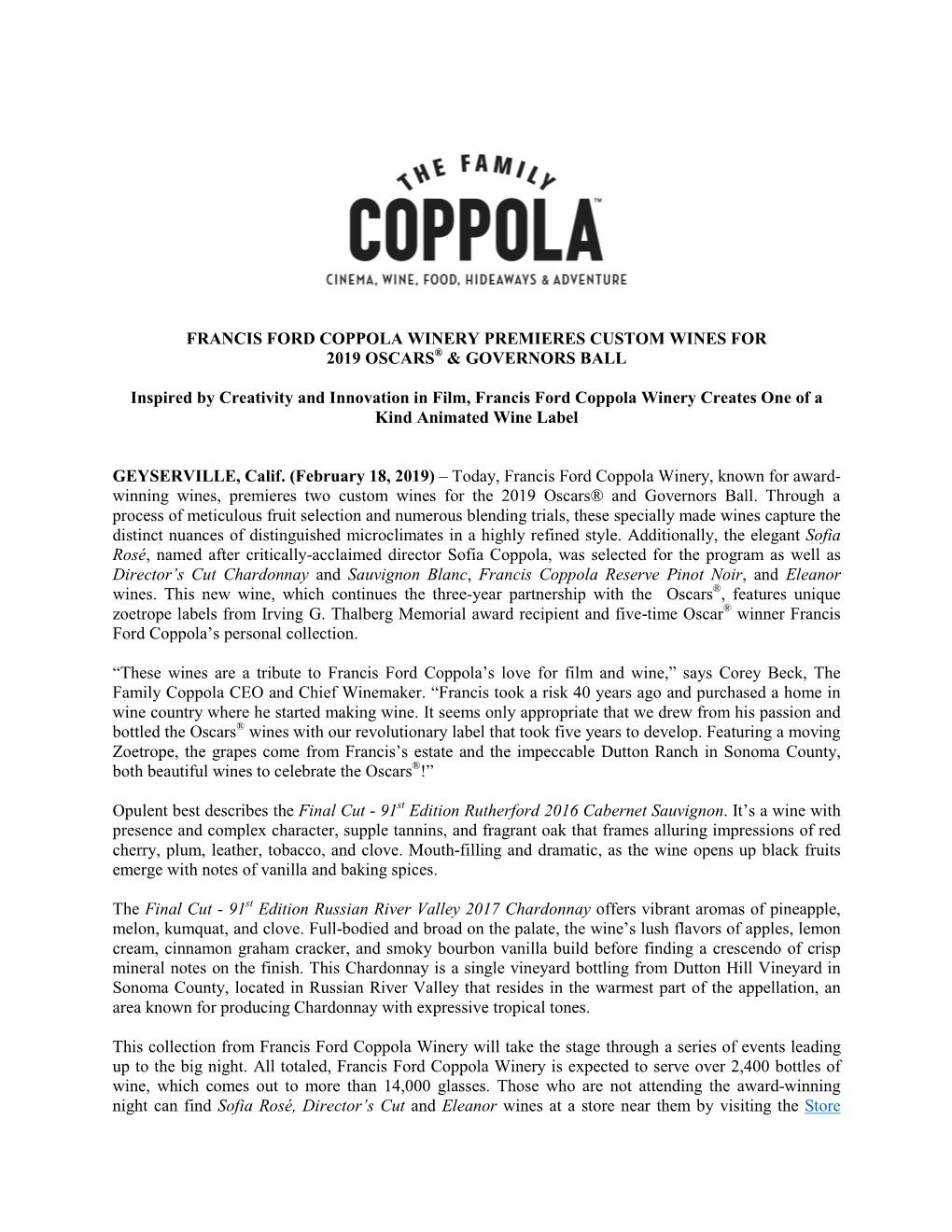 FRANCIS FORD COPPOLA WINERY PREMIERES CUSTOM WINES for 2019 OSCARS® & GOVERNORS BALL Inspired by Creativity and Innovation