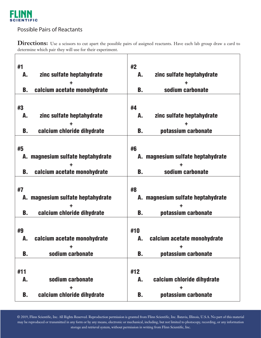 Possible Pairs of Reactants #1 #2 A. Zinc Sulfate Heptahydrate A. Zinc