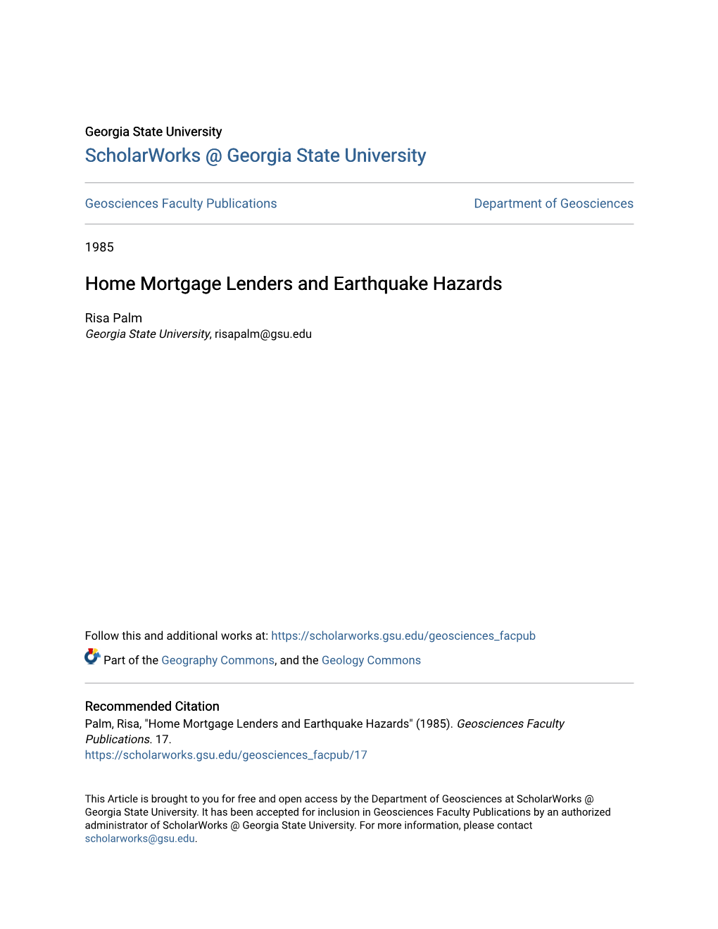 Home Mortgage Lenders and Earthquake Hazards