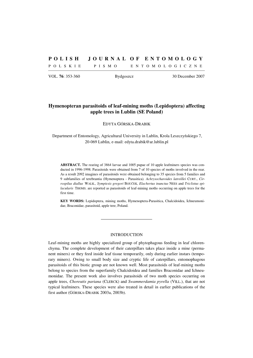 POLISHJOURNALOFENTOMO LOGY Hymenopteran Parasitoids of Leaf