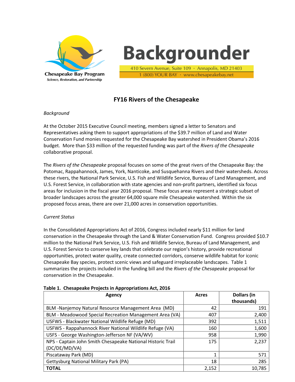 FY16 Rivers of the Chesapeake