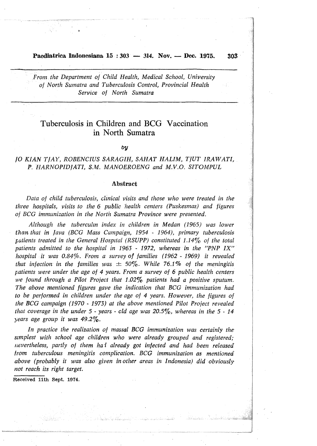 Tuberculosis in Children and BCG Vaccination in North Sumatra