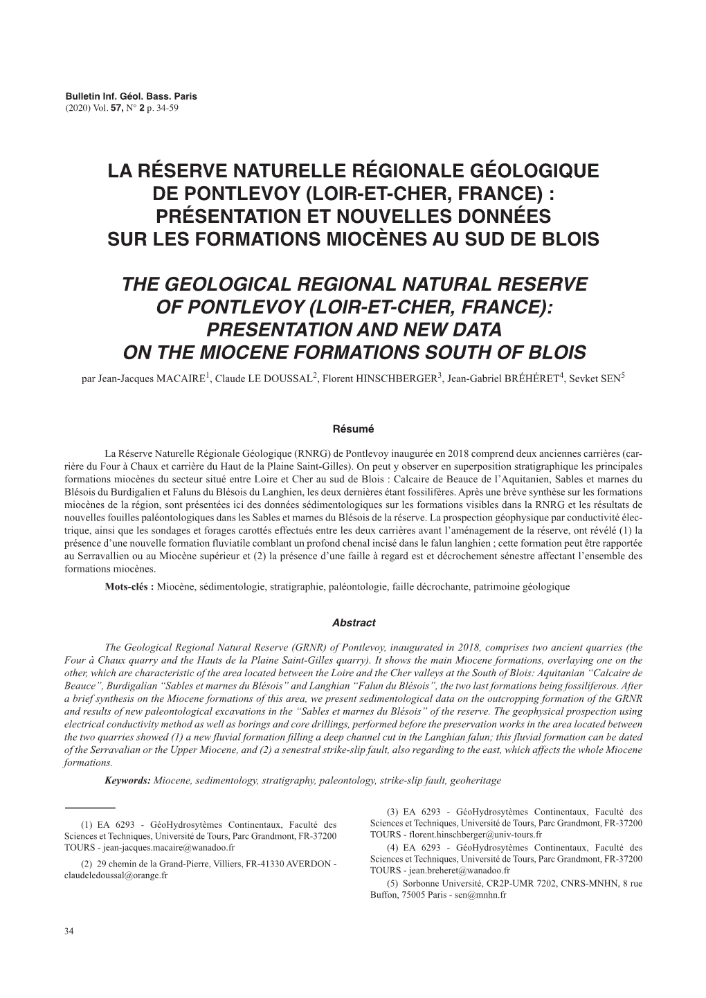 La Réserve Naturelle Régionale Géologique De Pontlevoy (Loir-Et-Cher, France) : Présentation Et Nouvelles Données Sur Les Formations Miocènes Au Sud De Blois