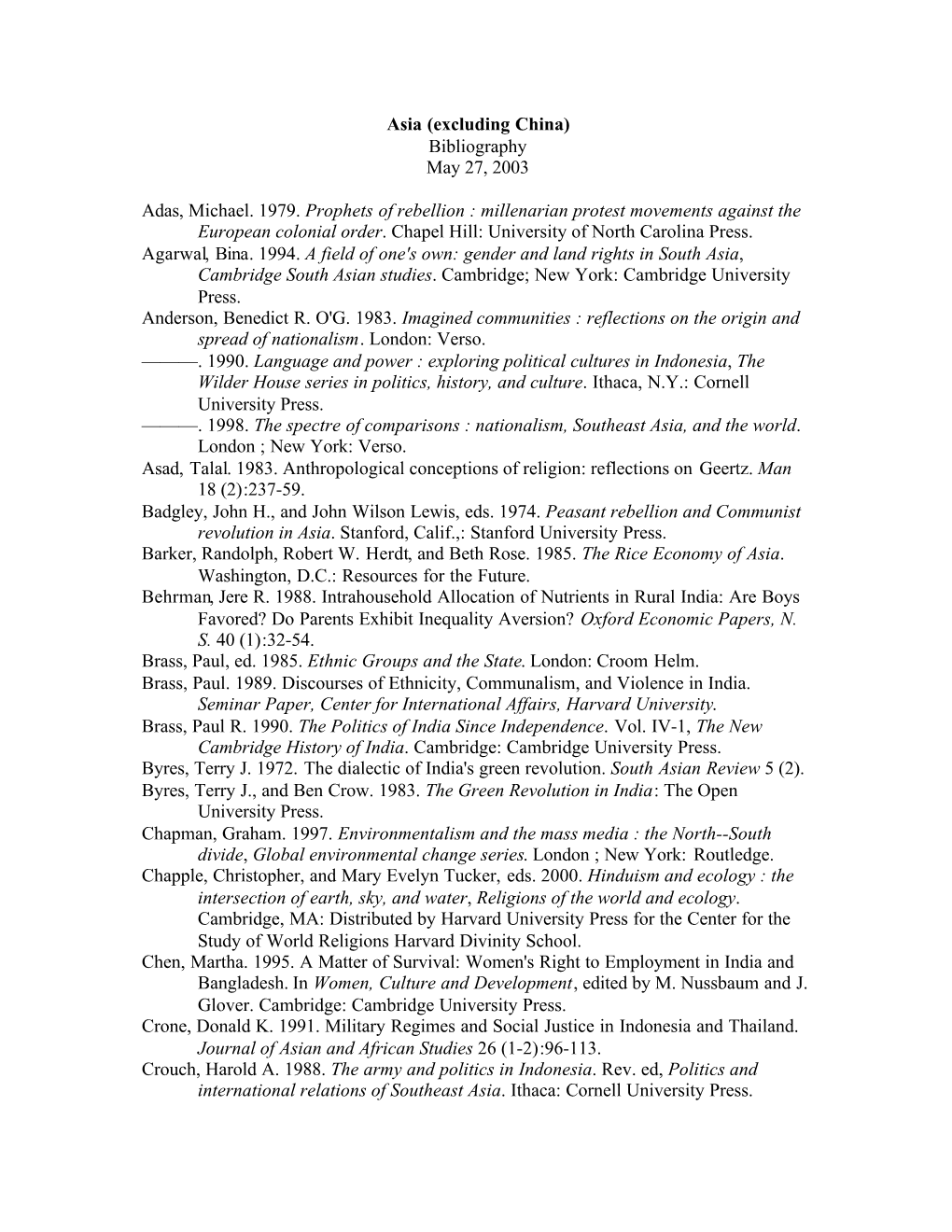 Asia (Excluding China) Bibliography May 27, 2003 Adas, Michael. 1979