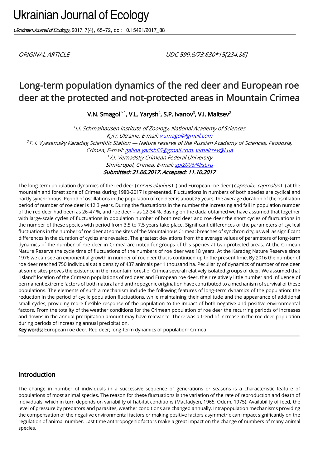 Long-Term Population Dynamics of the Red Deer and European Roe Deer at the Protected and Not-Protected Areas in Mountain Crimea