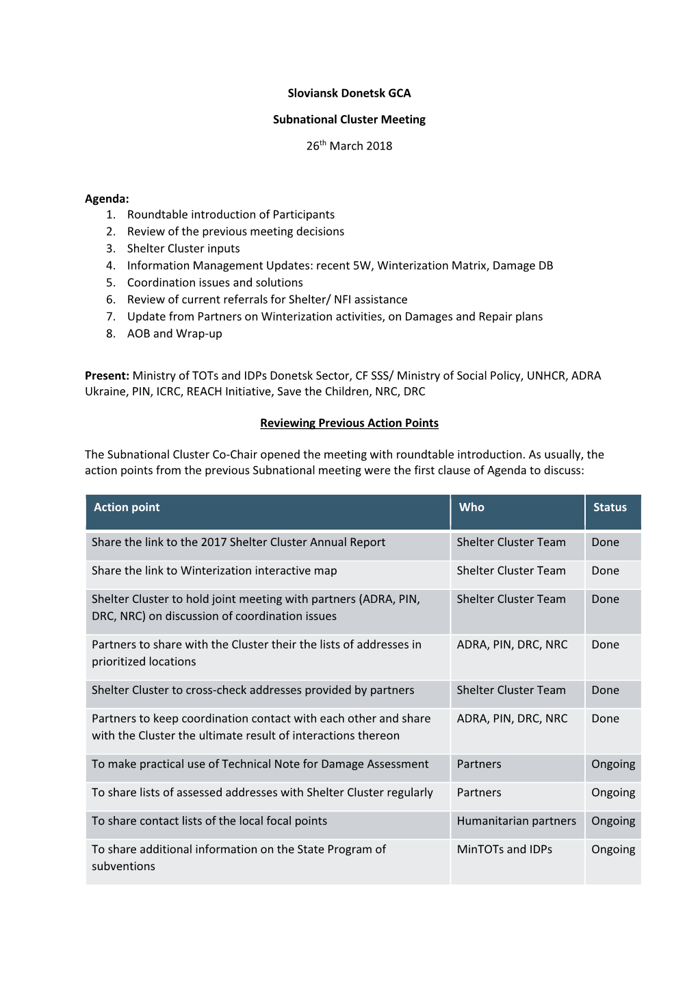 Sloviansk Donetsk GCA Subnational Cluster Meeting 26Th March 2018