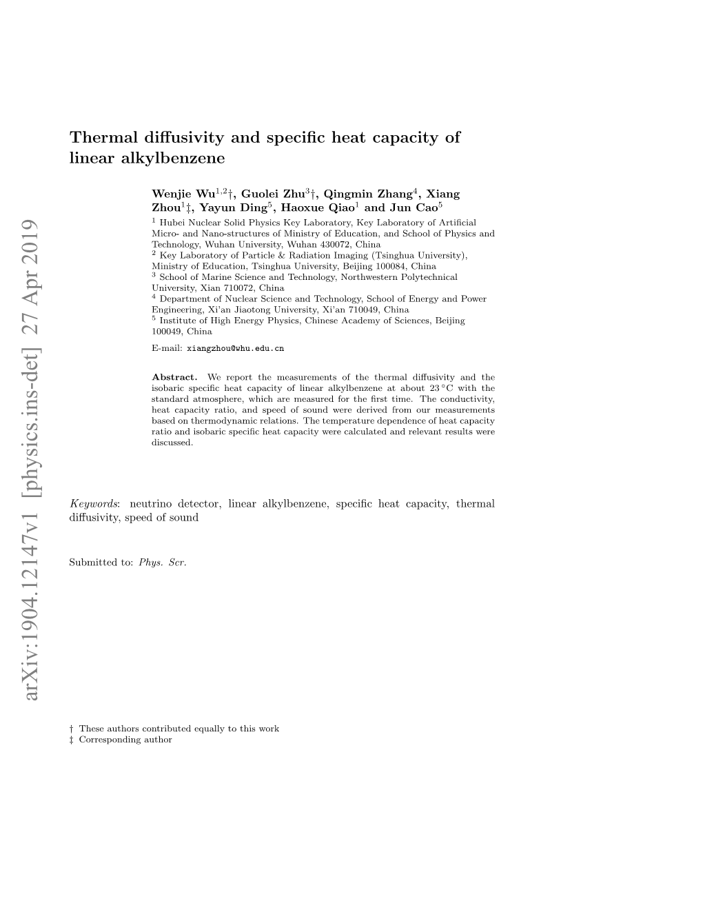 Thermal Diffusivity and Specific Heat Capacity of Linear Alkylbenzene