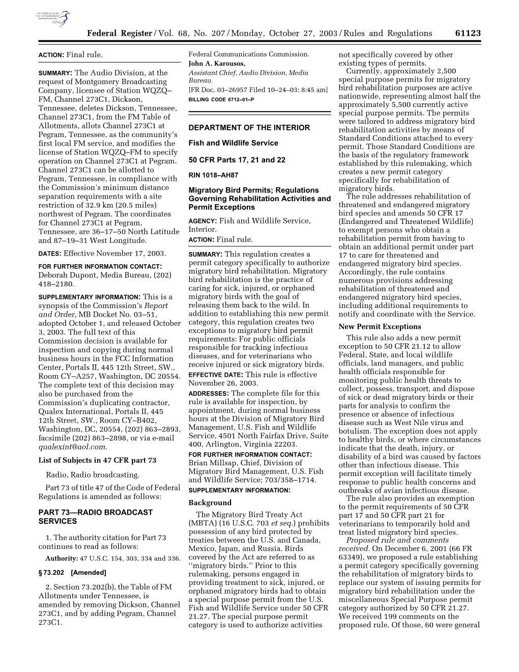 Federal Register/Vol. 68, No. 207/Monday, October 27, 2003