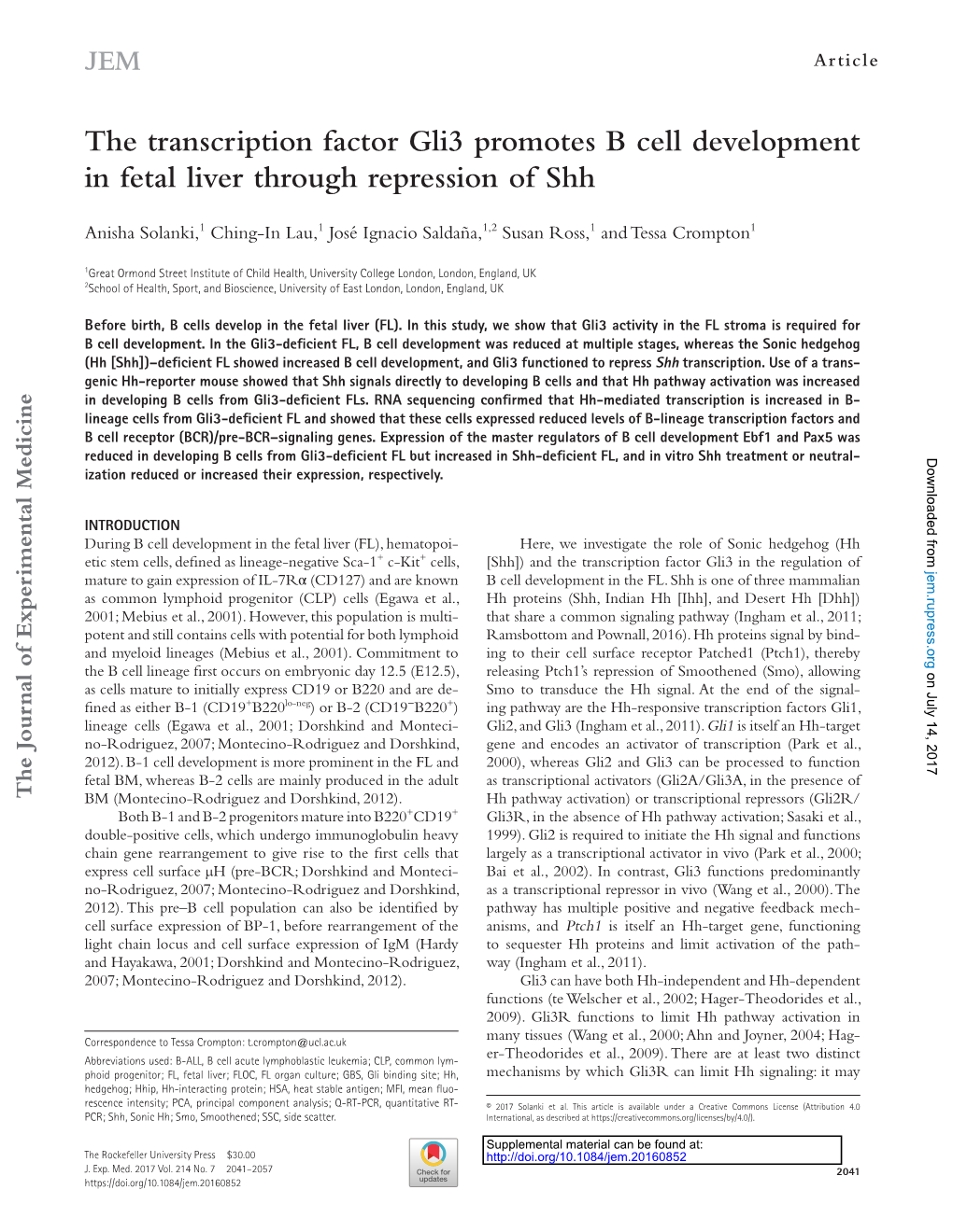 The Transcription Factor Gli3 Promotes B Cell Development in Fetal Liver Through Repression of Shh