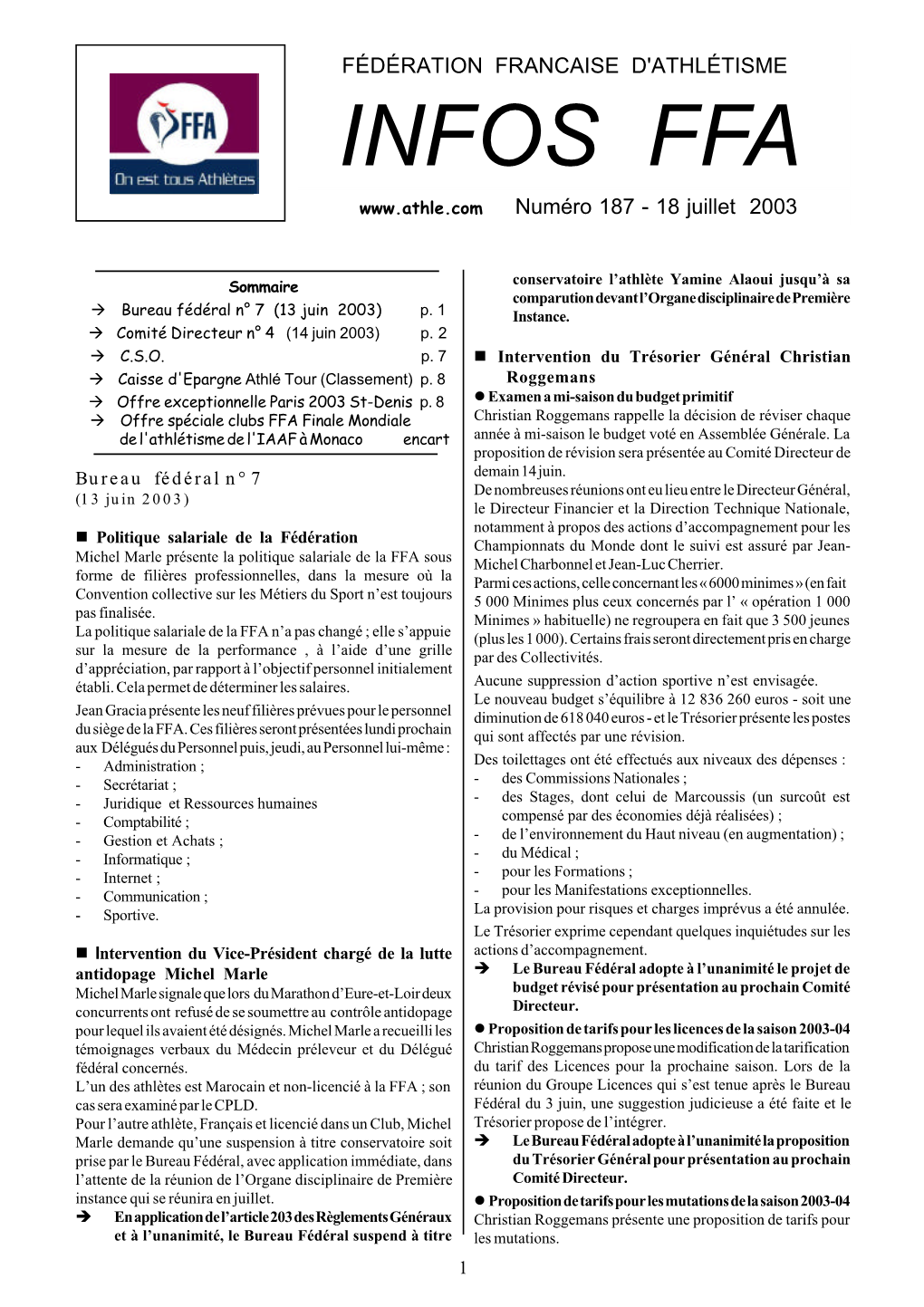 INFOS FFA Numéro 187 - 18 Juillet 2003