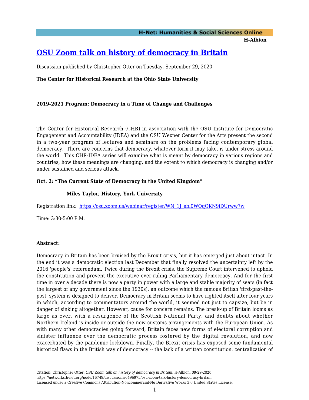 OSU Zoom Talk on History of Democracy in Britain