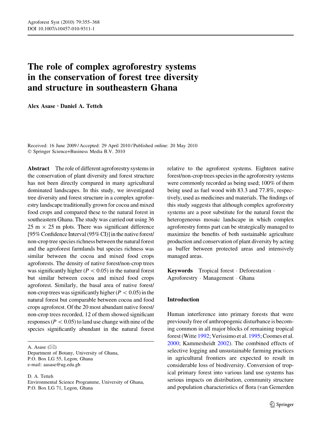 The Role of Complex Agroforestry Systems in the Conservation of Forest Tree Diversity and Structure in Southeastern Ghana