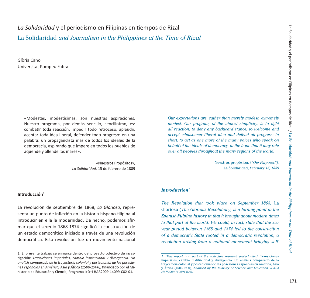 La Solidaridad Y El Periodismo En Filipinas En Tiempos De Rizal