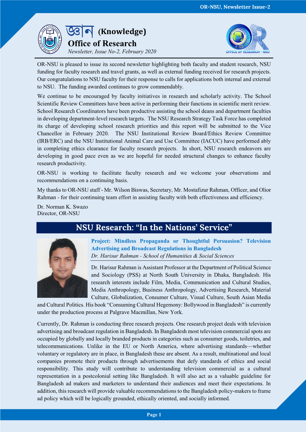 Office of Research Newsletter, Issue No-2, February 2020