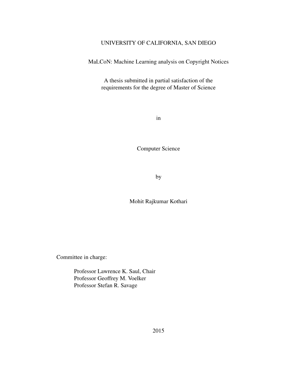 Machine Learning Analysis on Copyright Notices a Thesis Submitted in Partial Satisfa