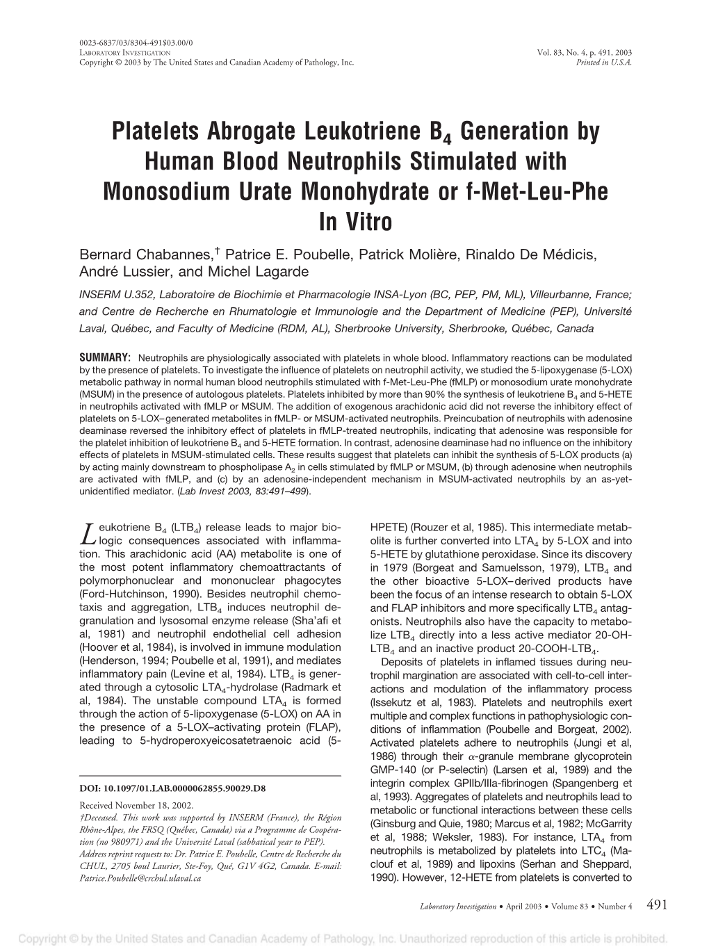 Platelets Abrogate Leukotriene B4 Generation by Human Blood