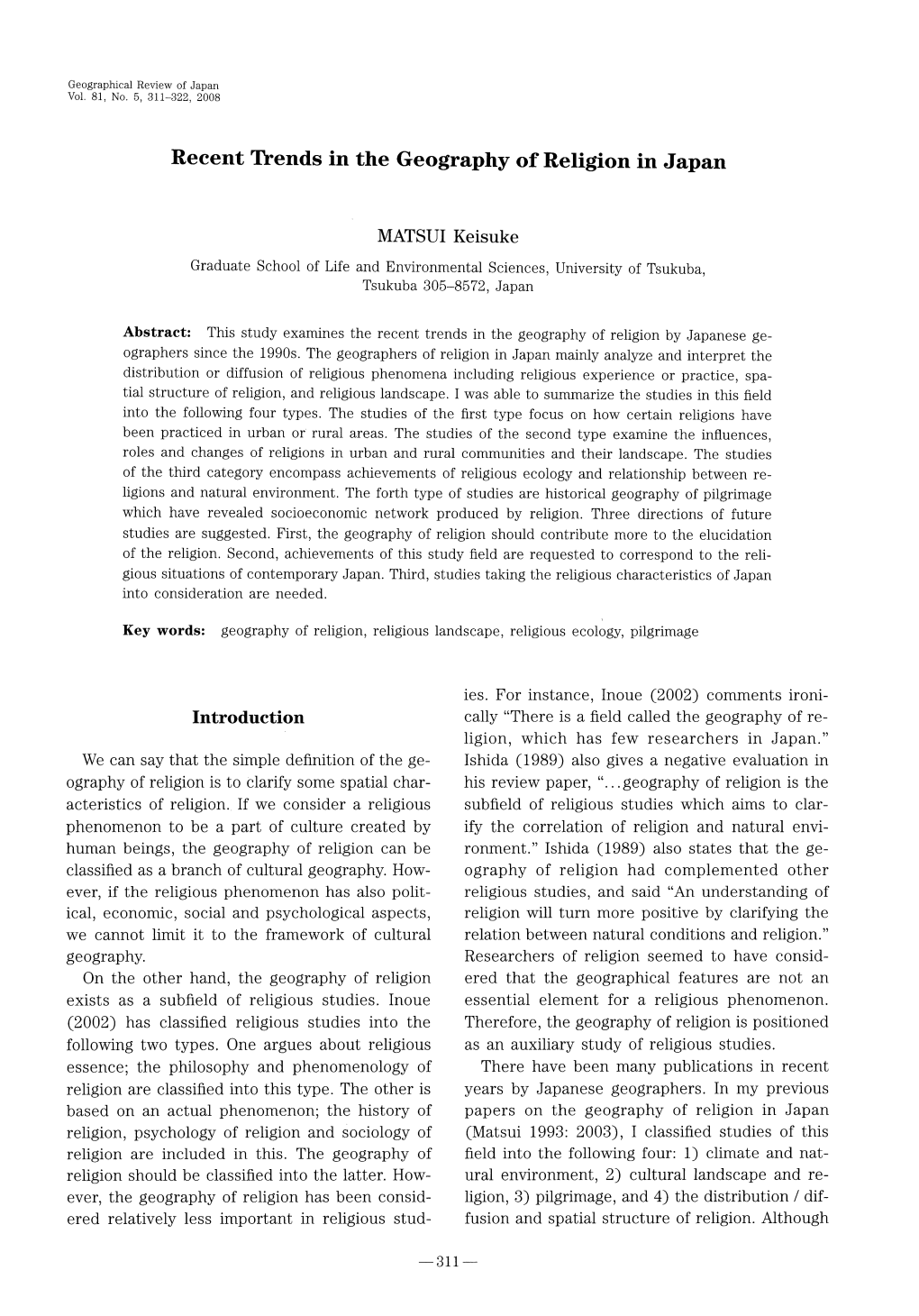 Recent Trends in the Geography of Religion in Japan MATSUI Keisuke