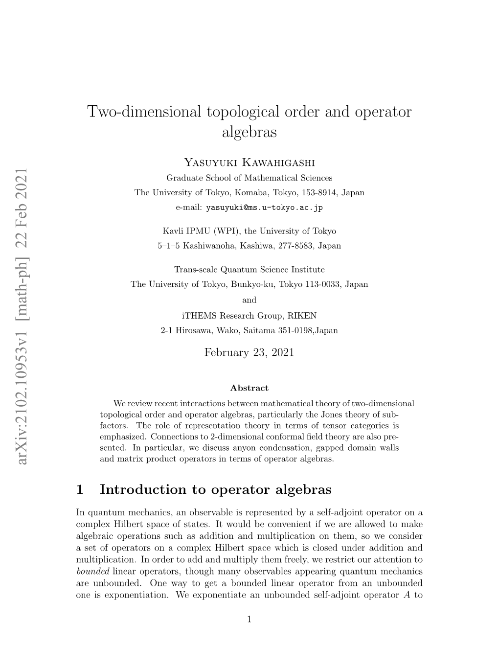 Two-Dimensional Topological Order and Operator Algebras Arxiv:2102.10953V1 [Math-Ph] 22 Feb 2021