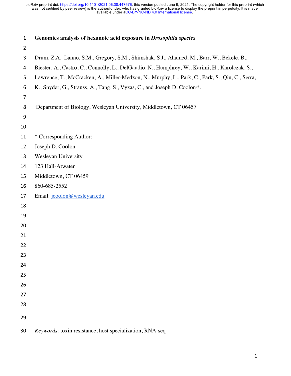 Genomics Analysis of Hexanoic Acid Exposure in Drosophila Species 2 3 Drum, Z.A