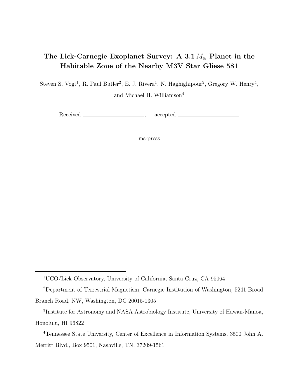 The Lick-Carnegie Exoplanet Survey: a 3.1 M⊕ Planet in the Habitable Zone of the Nearby M3V Star Gliese 581