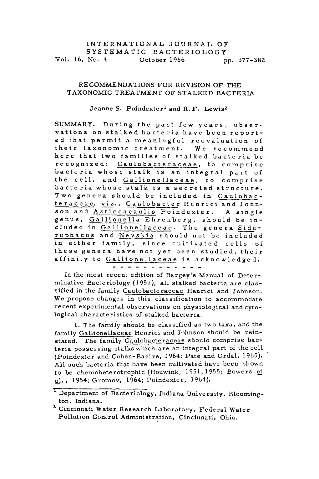 INTERNATIONAL JOURNAL of SYSTEMATIC BACTERIOLOGY Vol. 16, No. 4 October 1966 Pp. 377-382 RECOMMENDATIONS for REVISION of THE