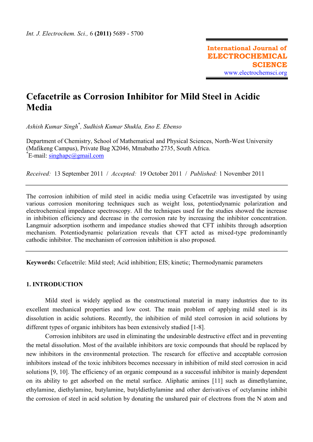 Cefacetrile As Corrosion Inhibitor for Mild Steel in Acidic Media