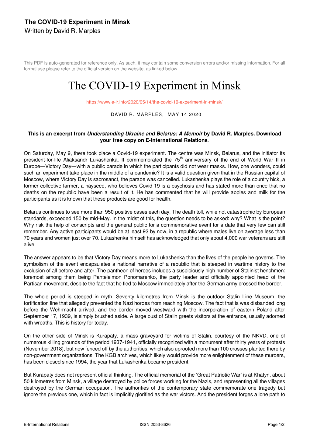 The COVID-19 Experiment in Minsk Written by David R
