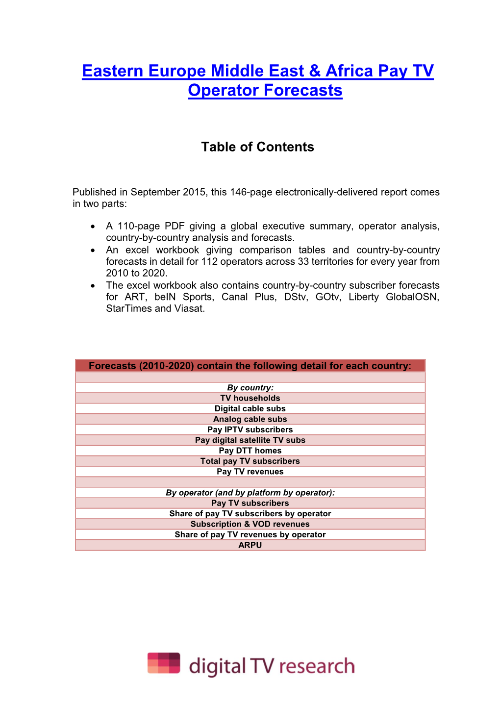 Eastern Europe Middle East & Africa Pay TV Operator Forecasts