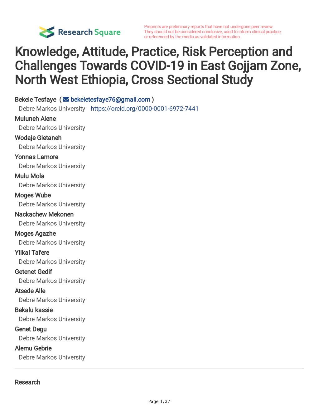 Knowledge, Attitude, Practice, Risk Perception and Challenges Towards COVID-19 in East Gojjam Zone, North West Ethiopia, Cross Sectional Study