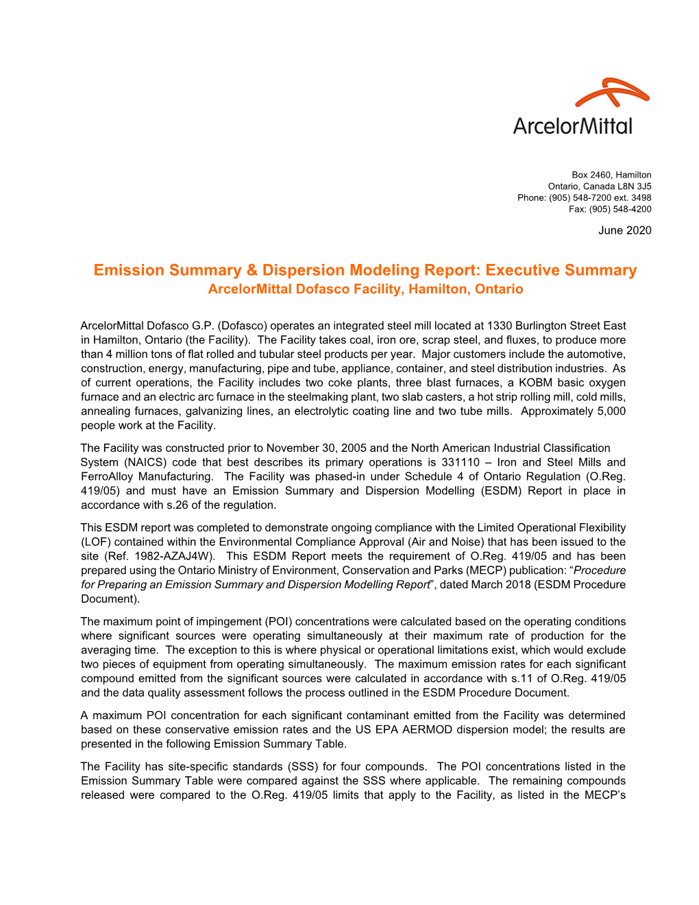 Emission Summary & Dispersion Modeling