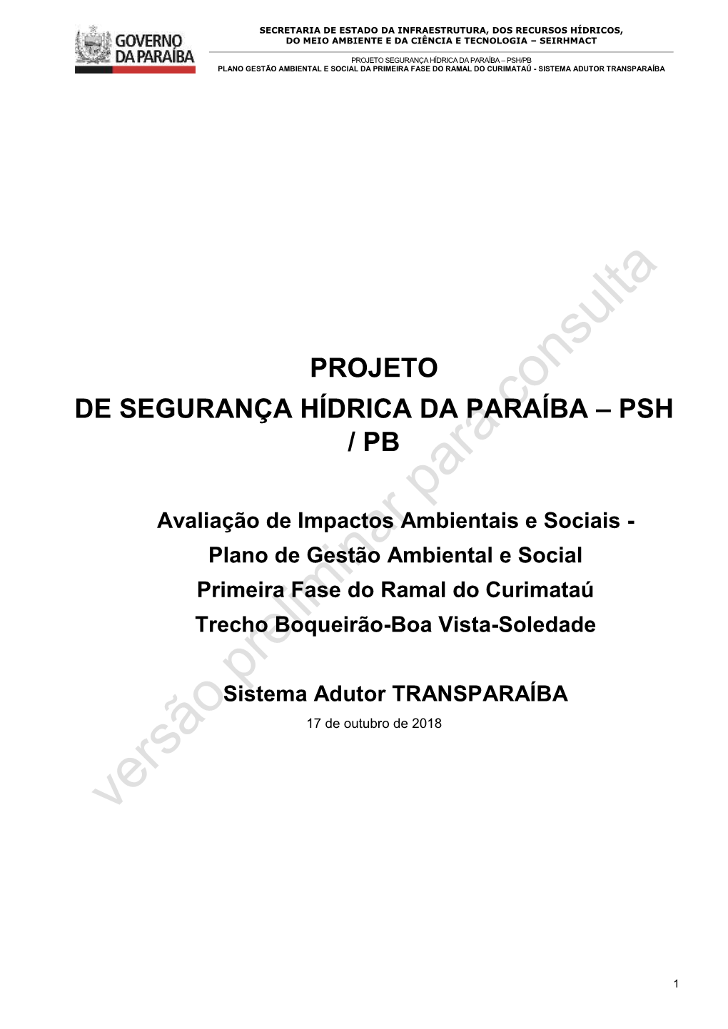 Projeto De Segurança Hídrica Da Paraíba – Psh / Pb