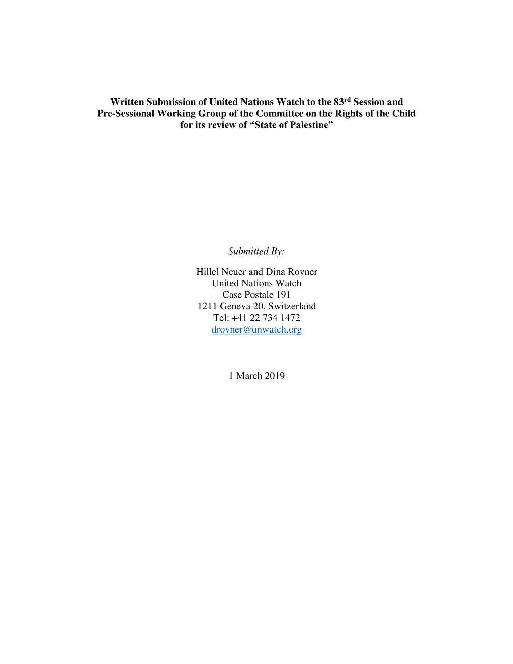 Written Submission of United Nations Watch to the 83Rd Session and Pre-Sessional Working Group of the Committee on the Rights Of