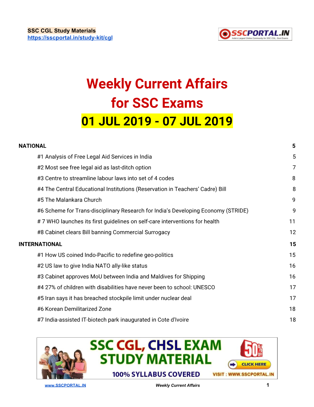 Weekly Current Affairs for SSC Exams 01 JUL 2019 - 07 JUL 2019