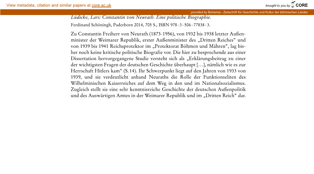 Constantin Von Neurath. Eine Politische Biographie. Zu