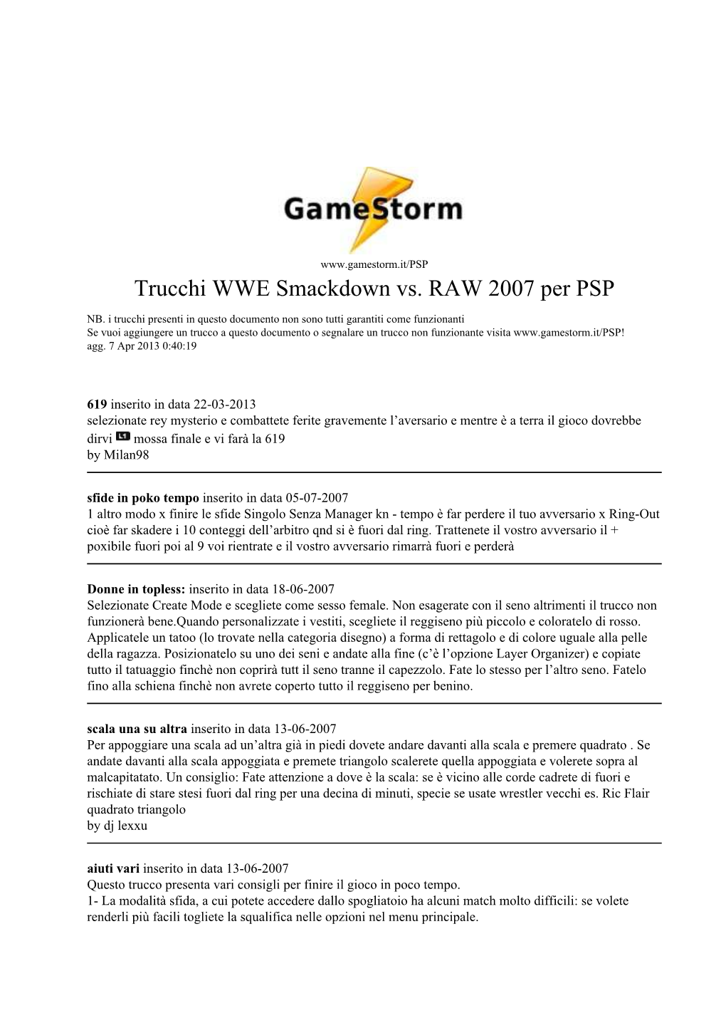 Trucchi WWE Smackdown Vs. RAW 2007 Per PSP